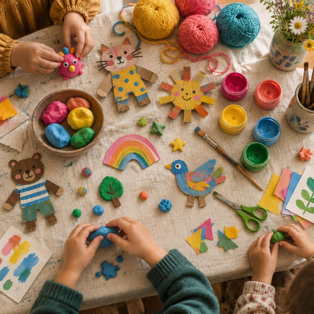 Mesa de ateliê com massinha, tintas coloridas, personagens de papelão e fios de lã