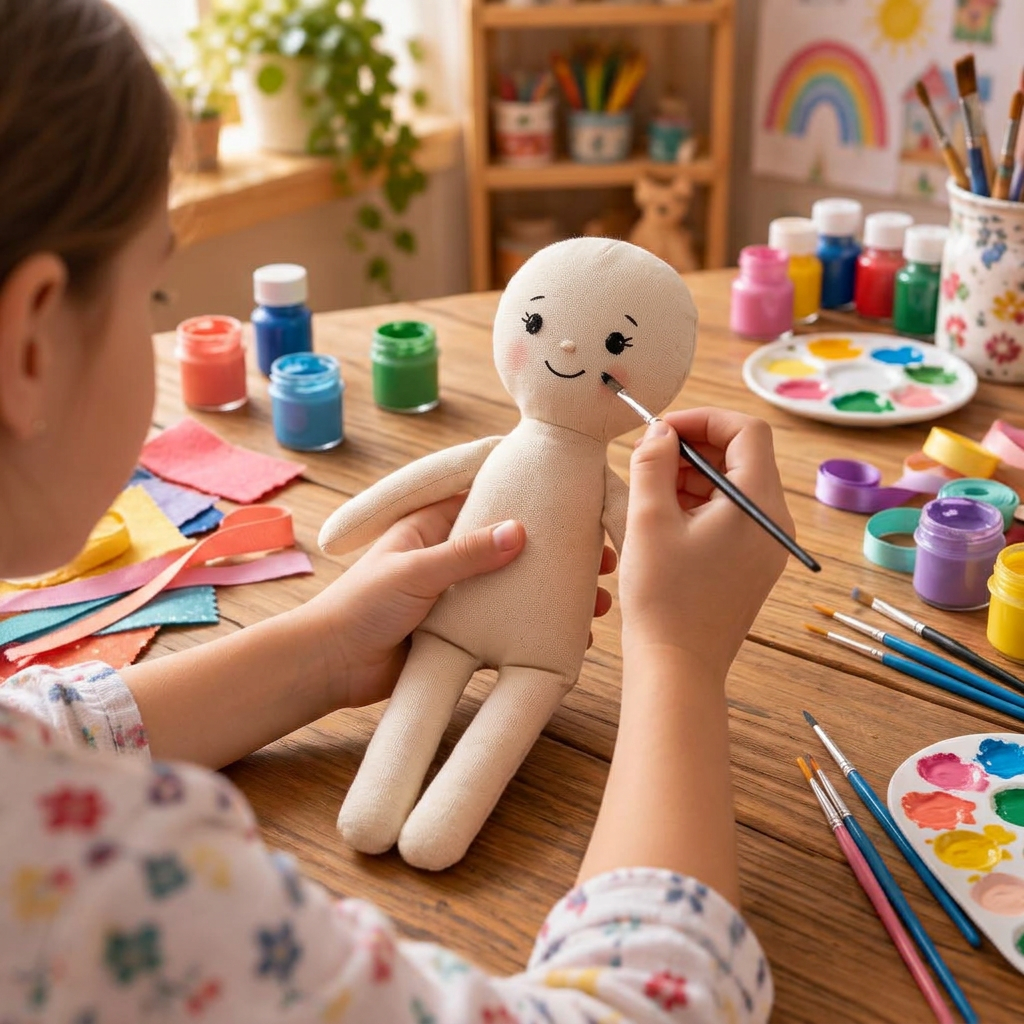 Mãos de criança pintando e customizando uma boneca de pano