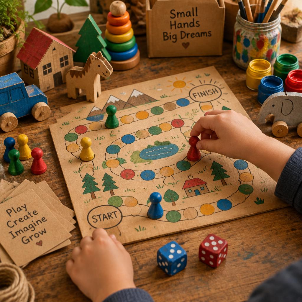 Jogo de tabuleiro artesanal feito em papelão com peças coloridas