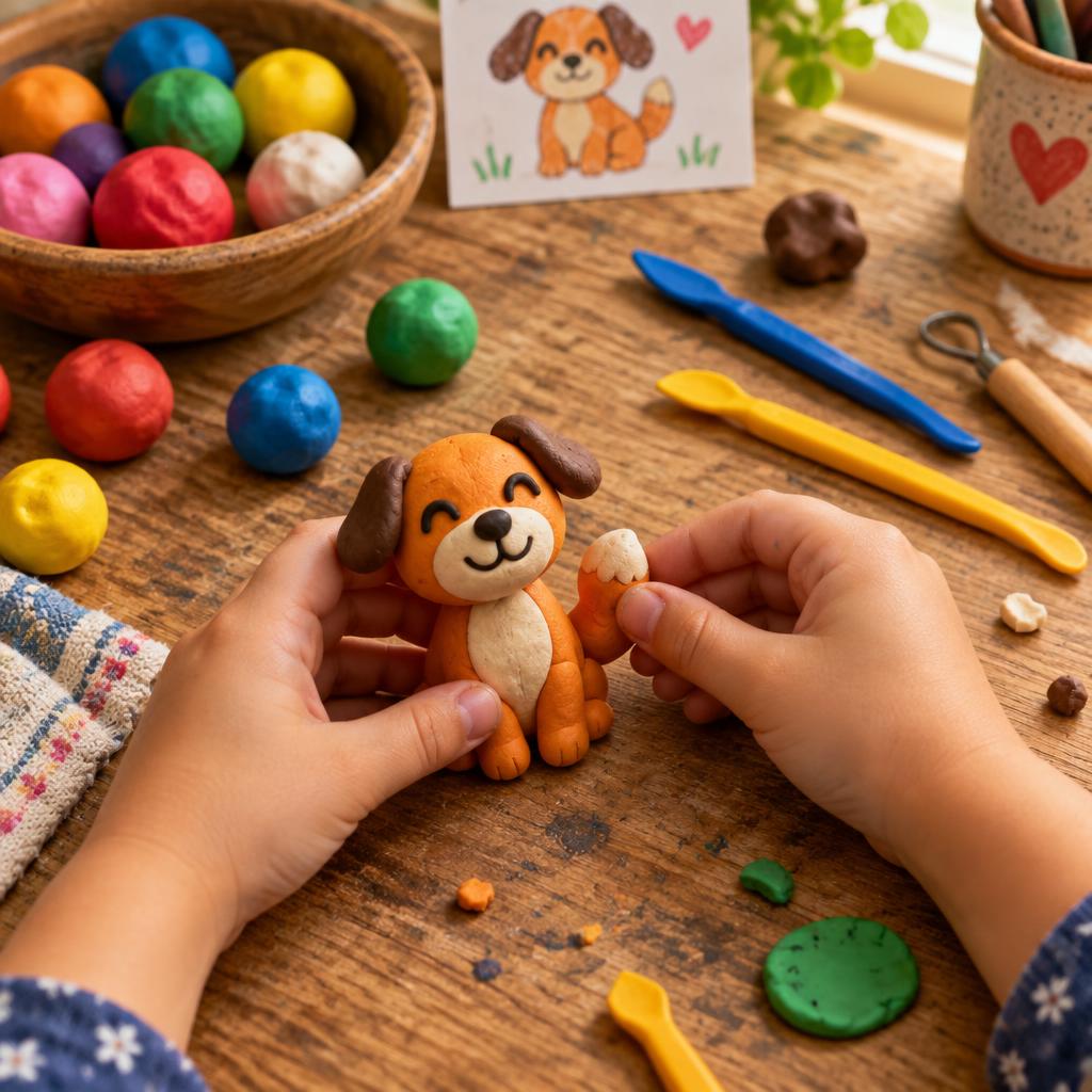 Mãos de criança modelando um cachorrinho de massinha colorida