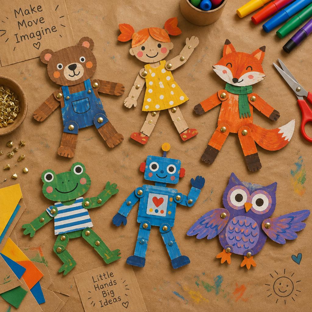 Personagens articulados de papelão pintados com rebites dourados