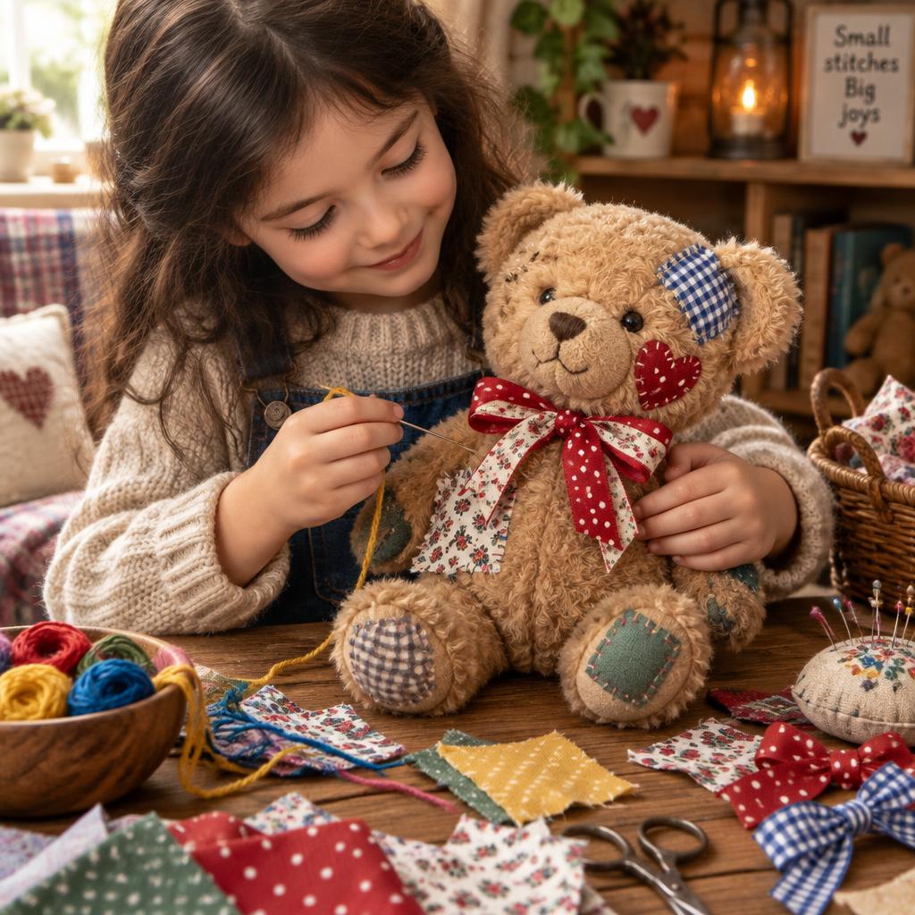 Criança customizando uma pelúcia de urso com tecidos e laços